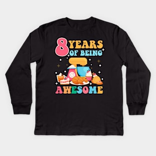 8 Years Of Being Awesome Tee 8th Baking Birthday Gift Leopard Girl Birthday Tee Baking Party Outfit Kids Long Sleeve T-Shirt